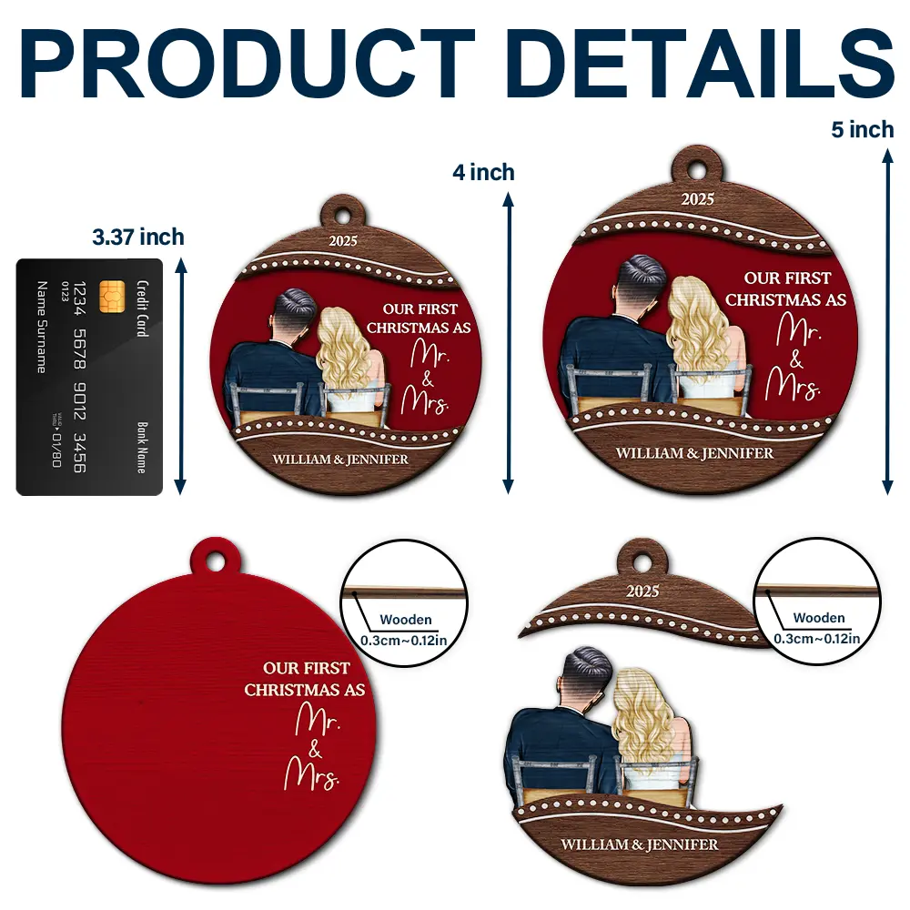 Our First Christmas Married Couple - Personalized 2-Layered Wooden Ornament - Image 5