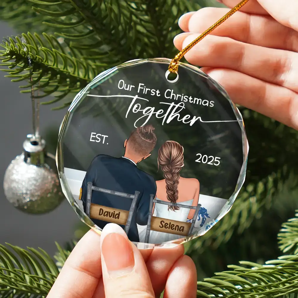 Our First Christmas Married Couples - Personalized Circle Glass Ornament - Image 2