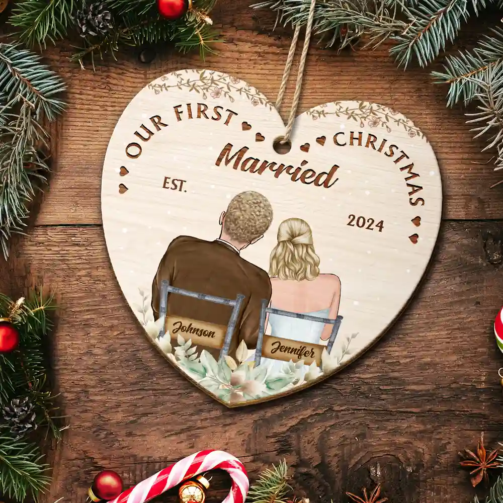 Our First Christmas Married Couples - Personalized Custom Shaped Wooden Ornament - Image 5