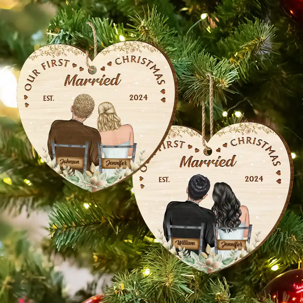 Our First Christmas Married Couples - Personalized Custom Shaped Wooden Ornament - Image 6