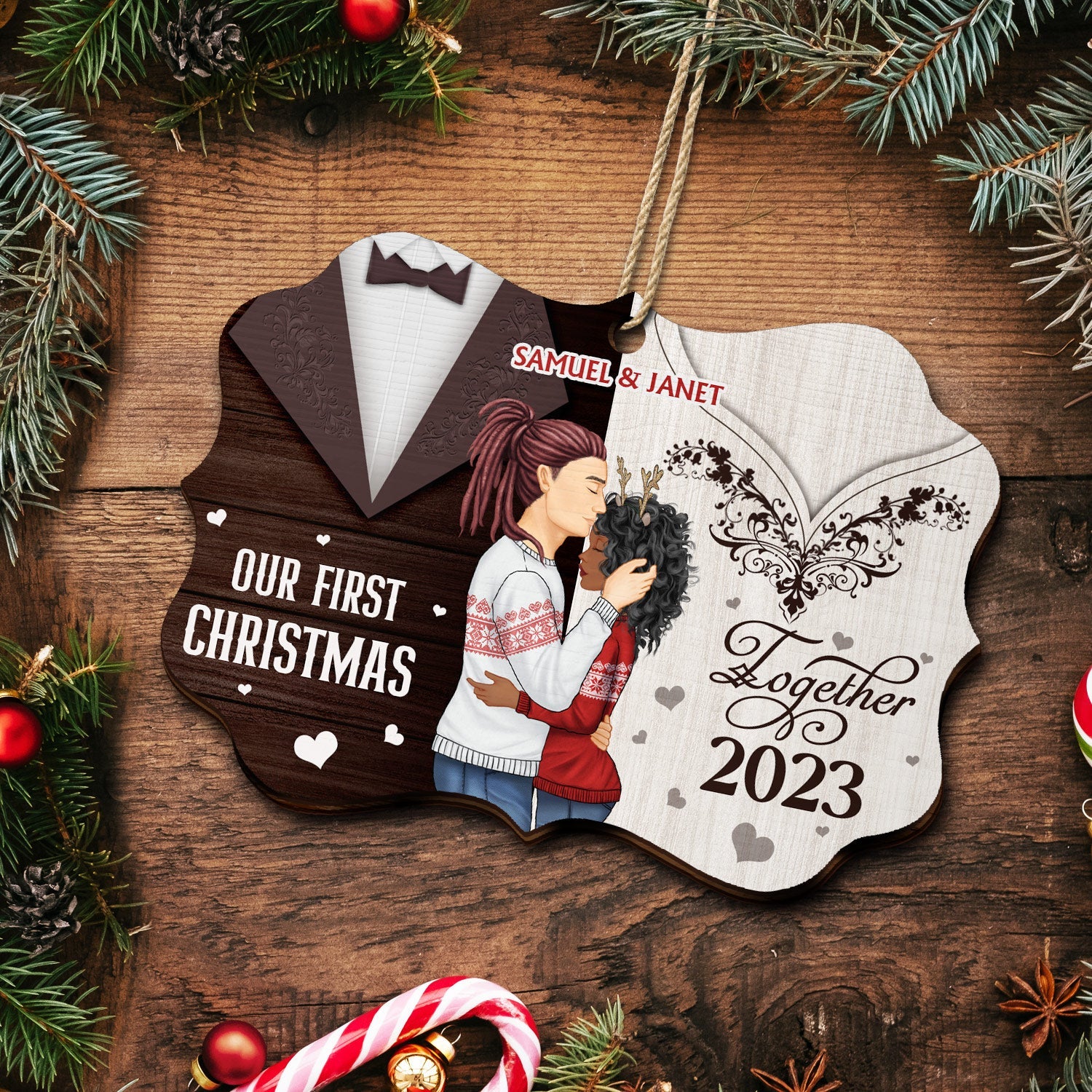 Our First Christmas Married - Xmas, Anniversary Gift For Spouse, Husband, Wife - Personalized Medallion Wooden Ornament - Image 5