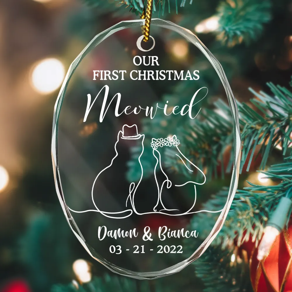 Our First Christmas Meowied Cat Lover Couple - Personalized Oval Glass Ornament - Image 2