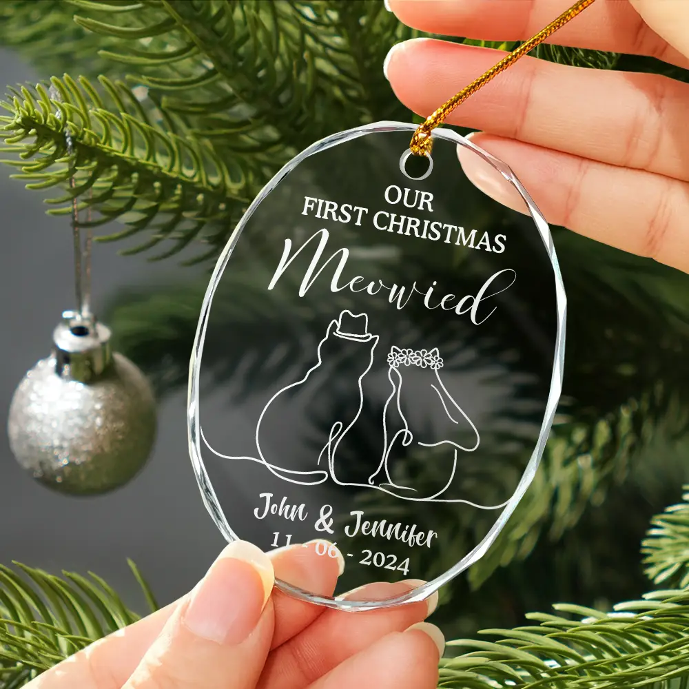 Our First Christmas Meowied Cat Lover Couple - Personalized Oval Glass Ornament - Image 3