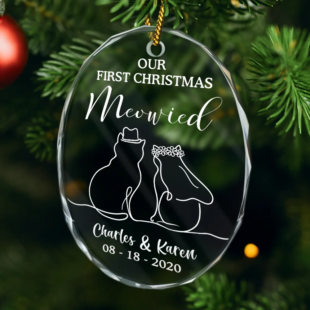 Our First Christmas Meowied Cat Lover Couple - Personalized Oval Glass Ornament - Image 4