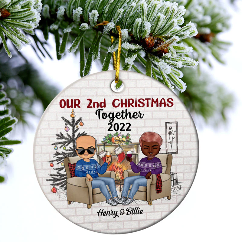 Our First Christmas Mr And Mrs Chibi - Christmas Gift For Couples - Personalized Custom Circle Ceramic Ornament - Image 3