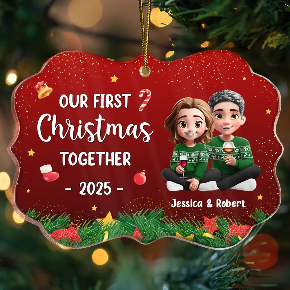 Our First Christmas Together 3D Effect Couple Sitting - Personalized Medallion Acrylic Ornament - Image 3