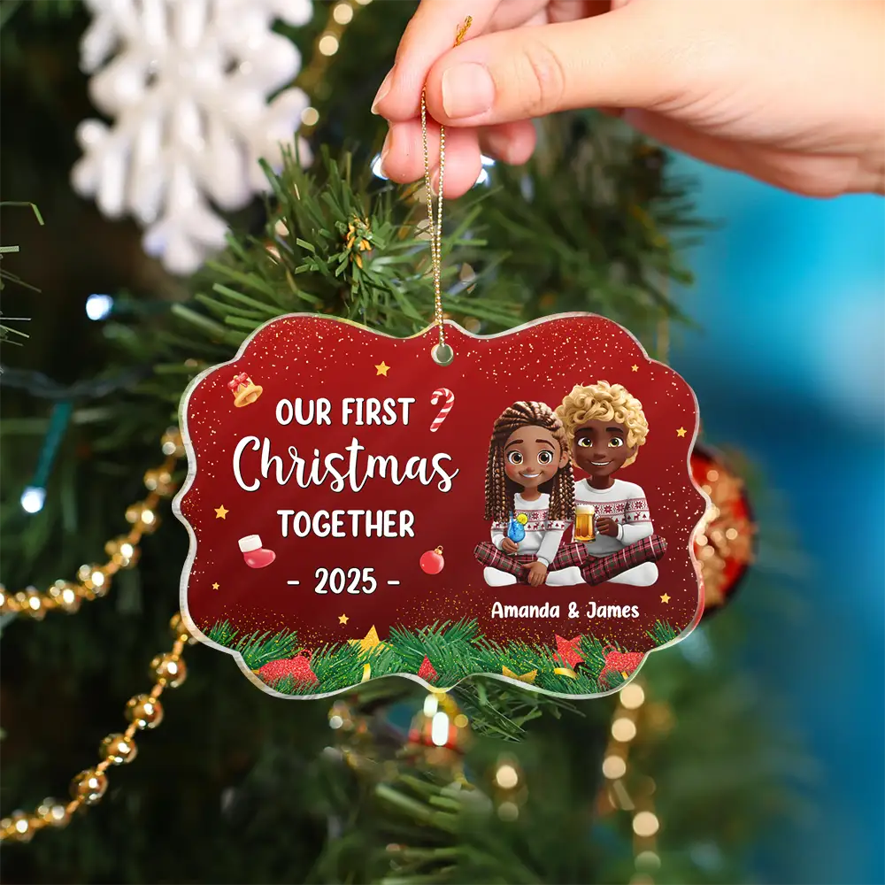 Our First Christmas Together 3D Effect Couple Sitting - Personalized Medallion Acrylic Ornament - Image 4