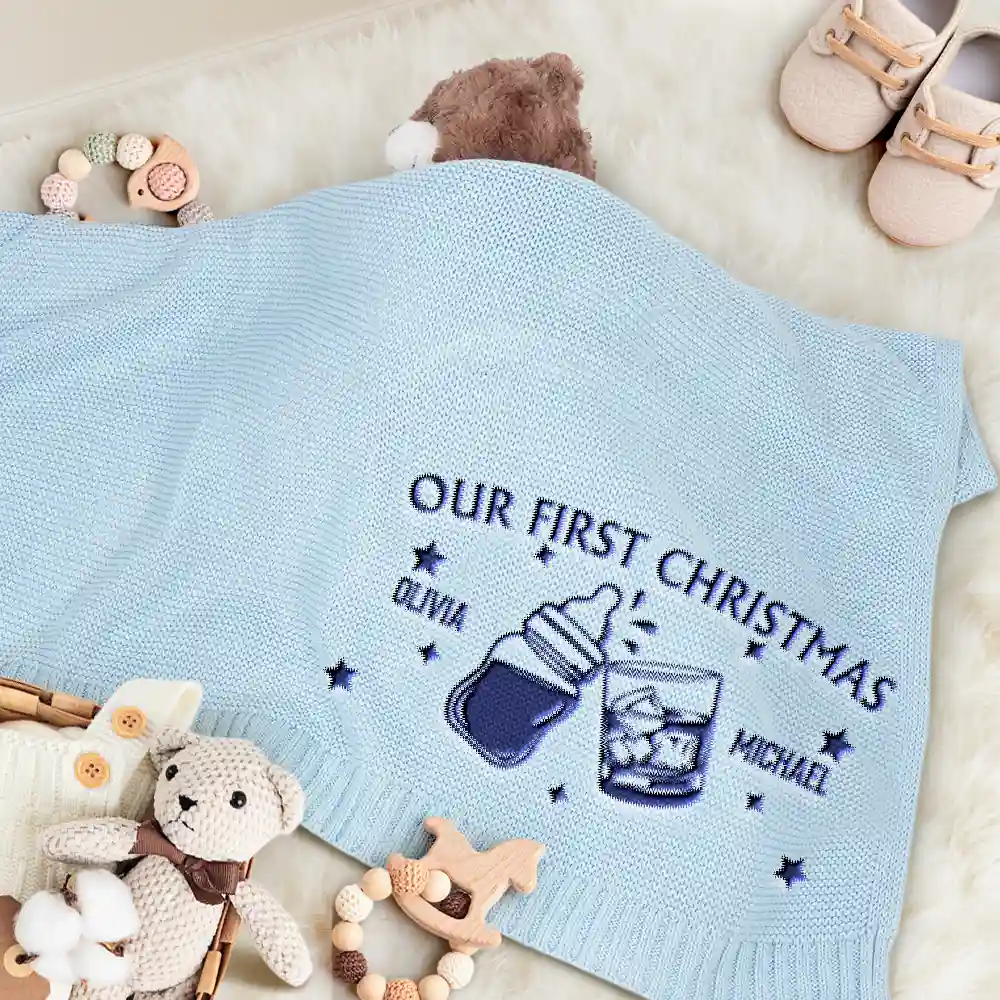 Our First Christmas Together Newborn Baby With Daddy - Personalized Embroidered Knitted Baby Blanket - Image 3