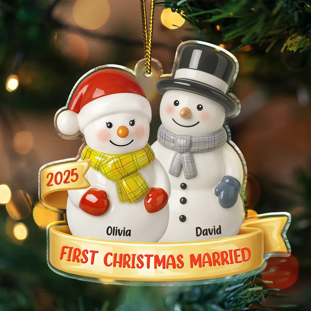 Our First Christmas Together Snowman Couple Ceramic Effect - Personalized Custom Shaped Acrylic Ornament - Image 4