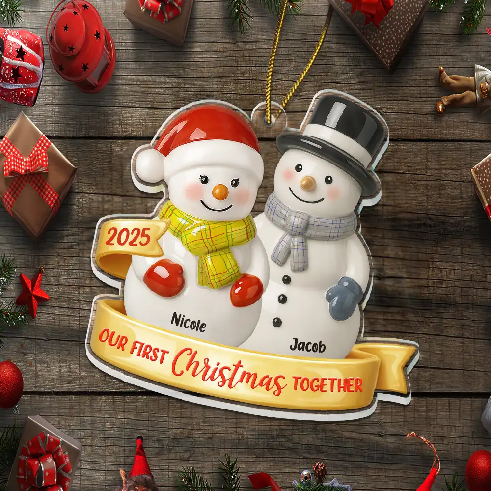 Our First Christmas Together Snowman Couple Ceramic Effect - Personalized Custom Shaped Acrylic Ornament - Image 5