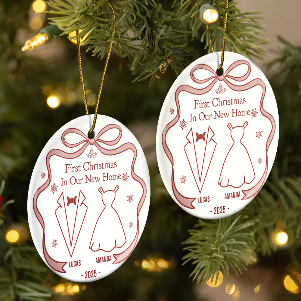 Our First Christmas Toile De Jouy - Personalized Circle Ceramic Ornament - Image 2