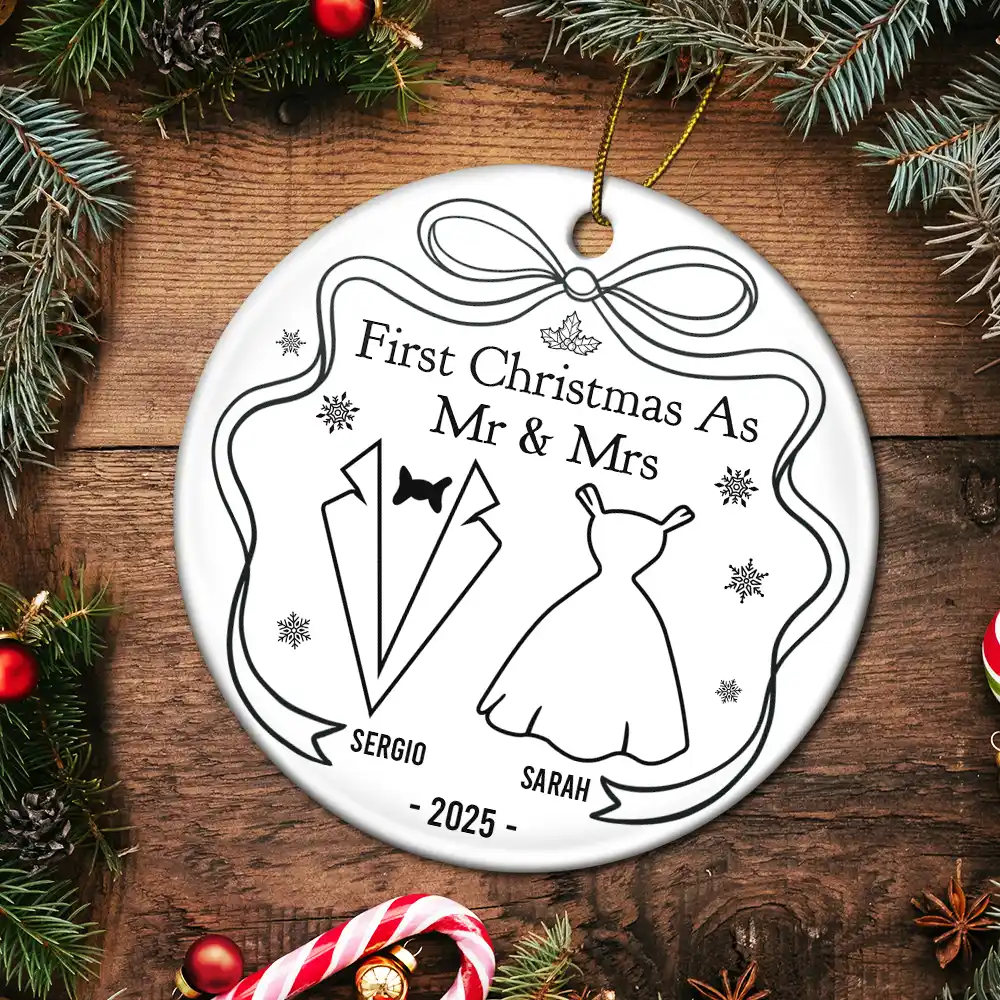 Our First Christmas Toile De Jouy - Personalized Circle Ceramic Ornament - Image 5