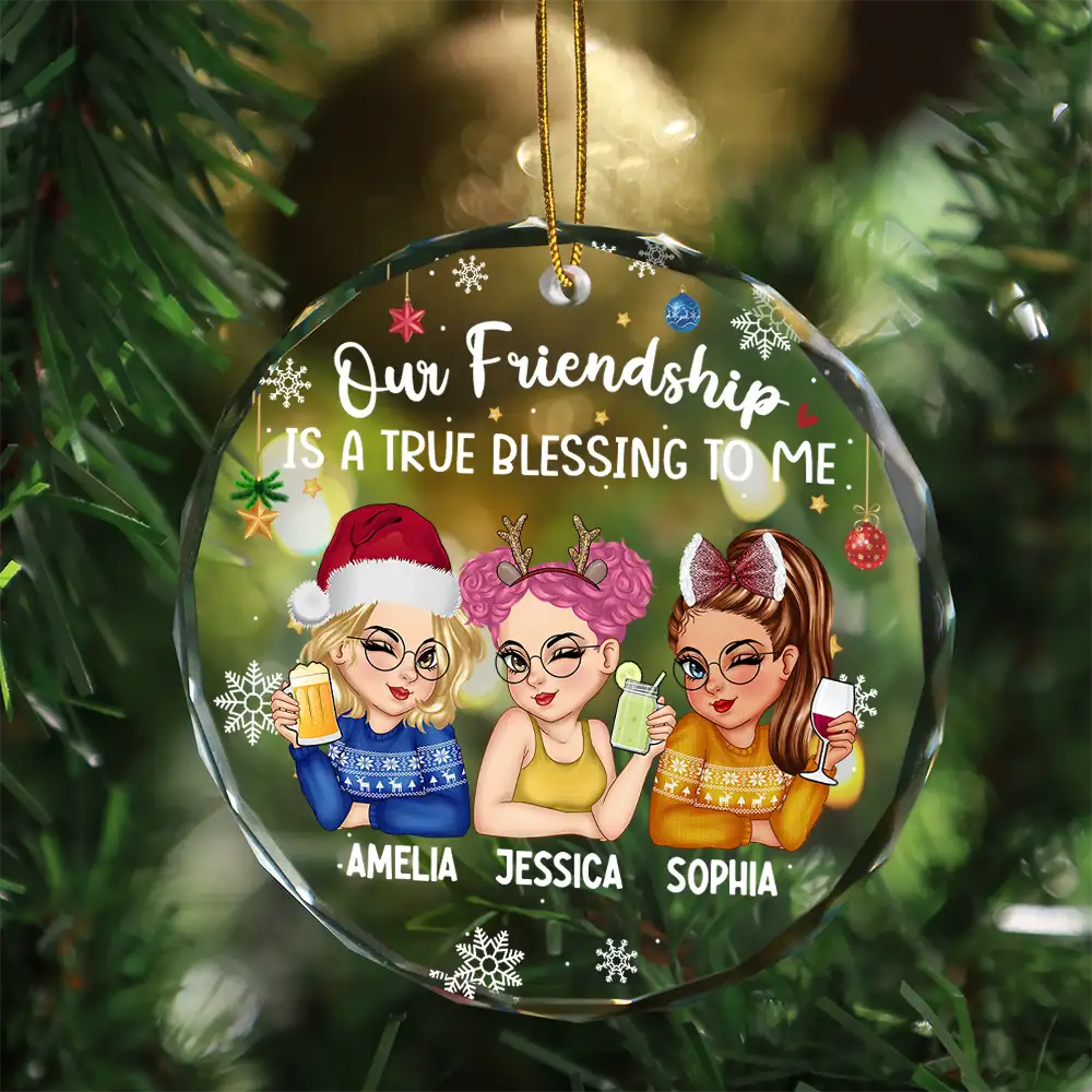 Our Friendship Is A True Blessing Christmas - Personalized Circle Glass Ornament - Image 3