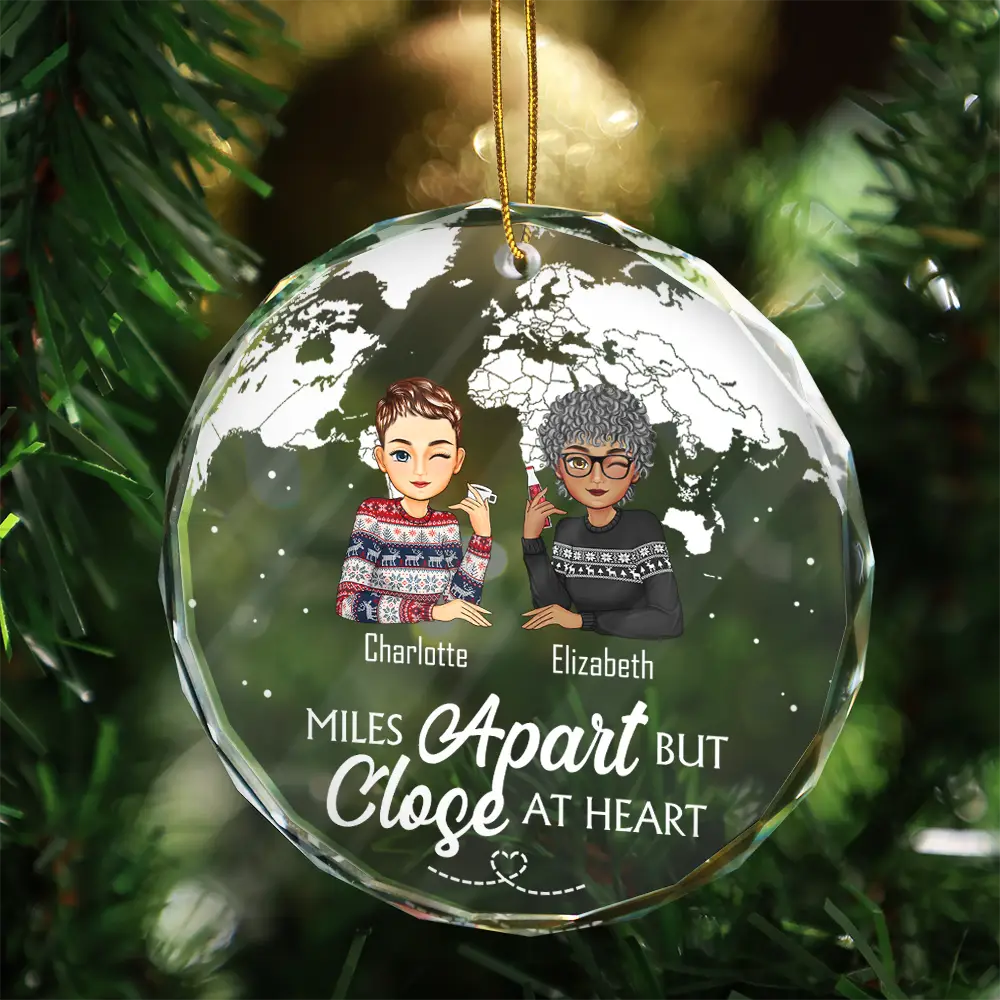 Our Friendship Knows No Distance Cartoon Bestie - Personalized Circle Glass Ornament - Image 3