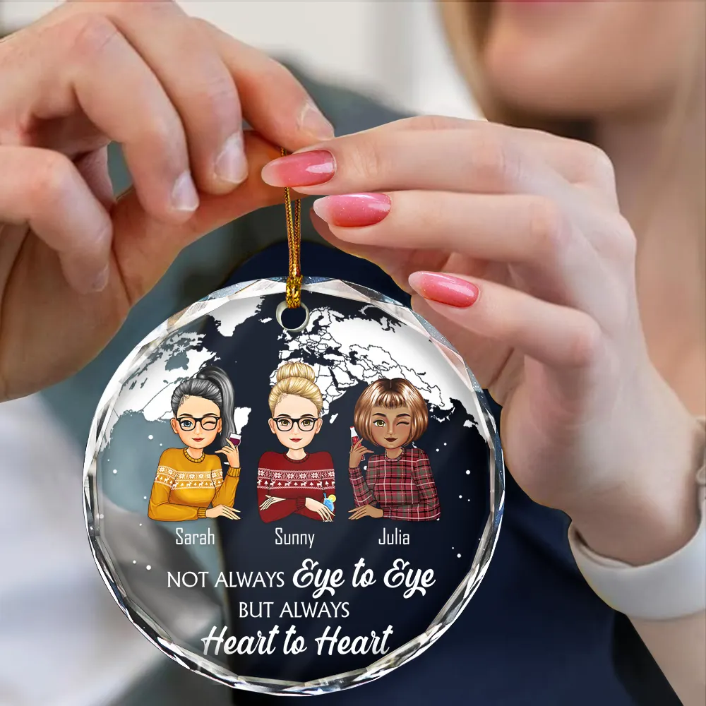 Our Friendship Knows No Distance Cartoon Bestie - Personalized Circle Glass Ornament - Image 4