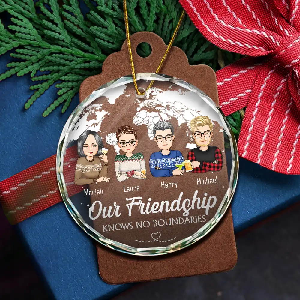 Our Friendship Knows No Distance Cartoon Bestie - Personalized Circle Glass Ornament - Image 5