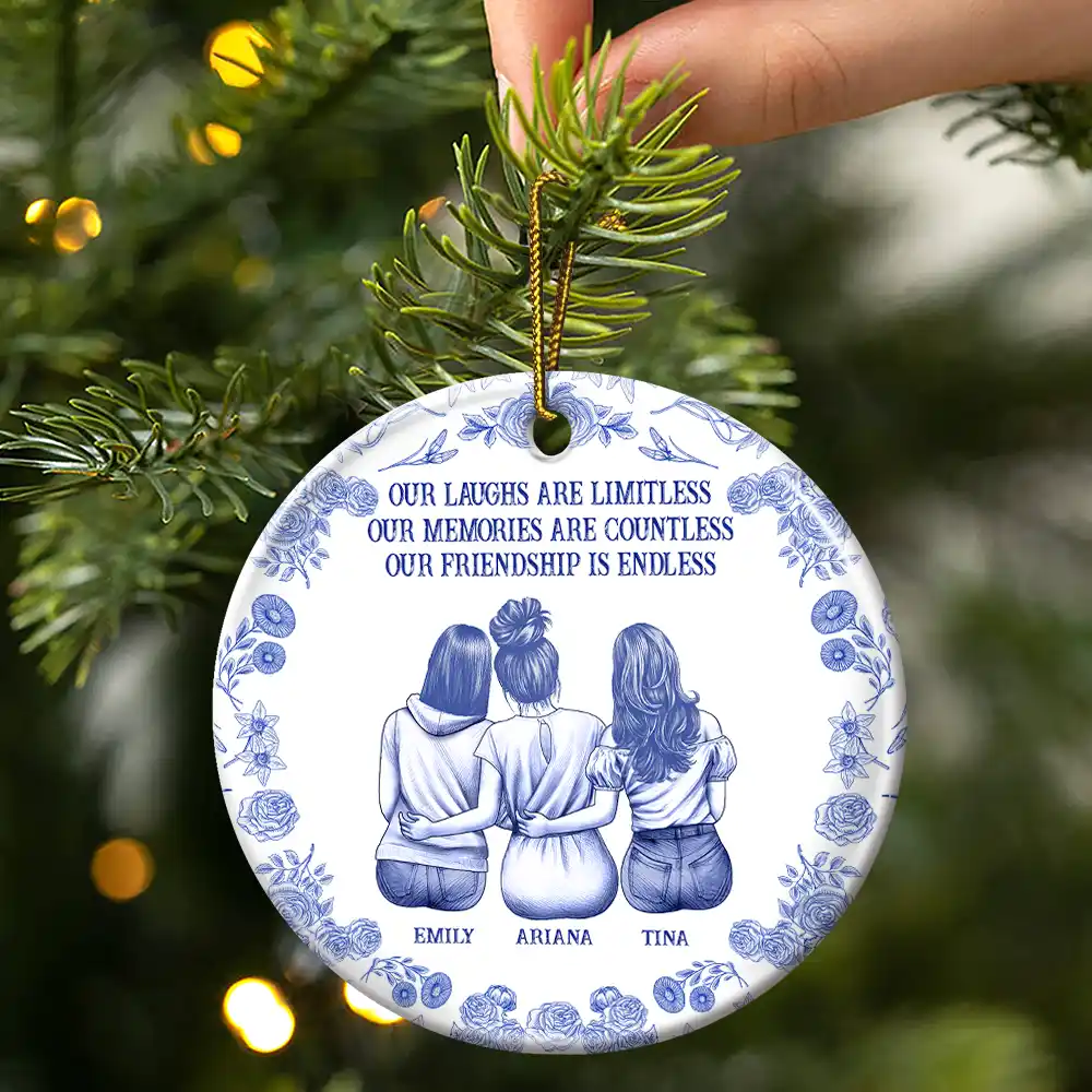 Our Laugh Are Limitless Toile De Jouy Pattern - Personalized Circle Ceramic Ornament - Image 3
