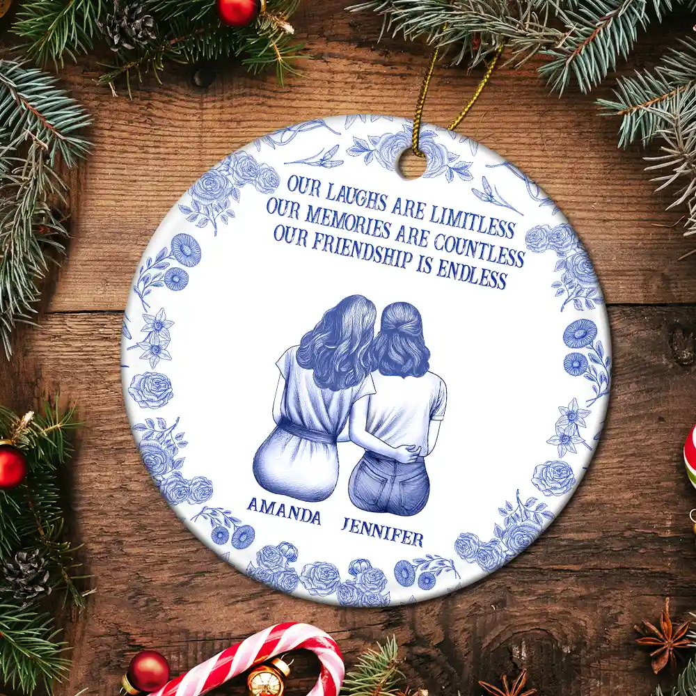 Our Laugh Are Limitless Toile De Jouy Pattern - Personalized Circle Ceramic Ornament - Image 5
