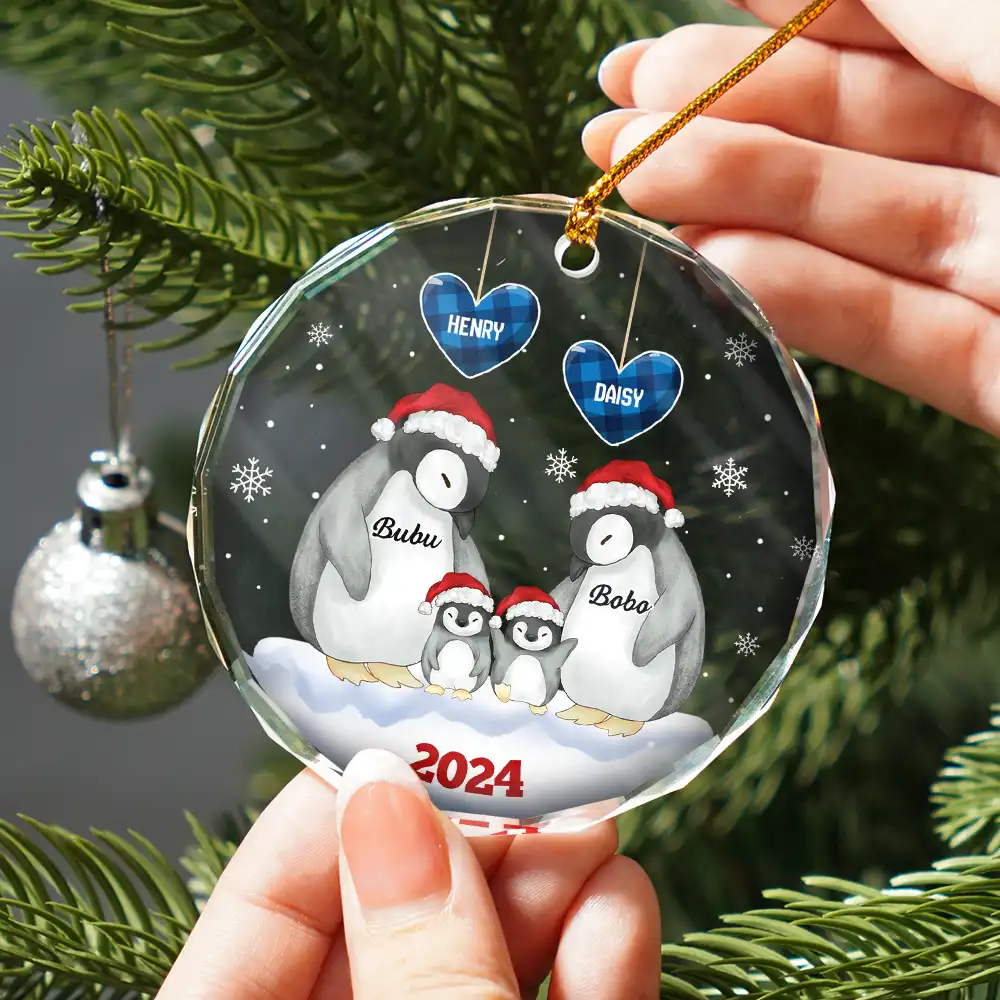 Papa Nana Penguin Christmas Grandparents - Personalized Circle Glass Ornament - Image 2