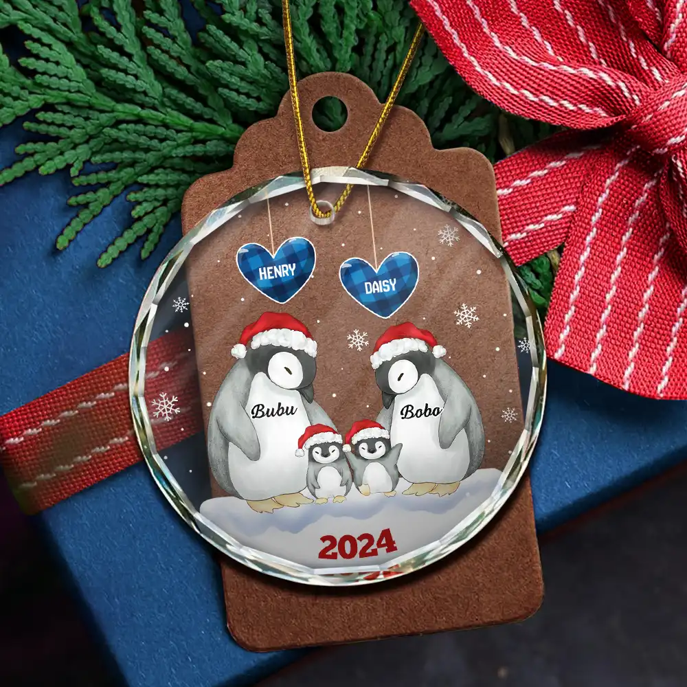 Papa Nana Penguin Christmas Grandparents - Personalized Circle Glass Ornament - Image 5