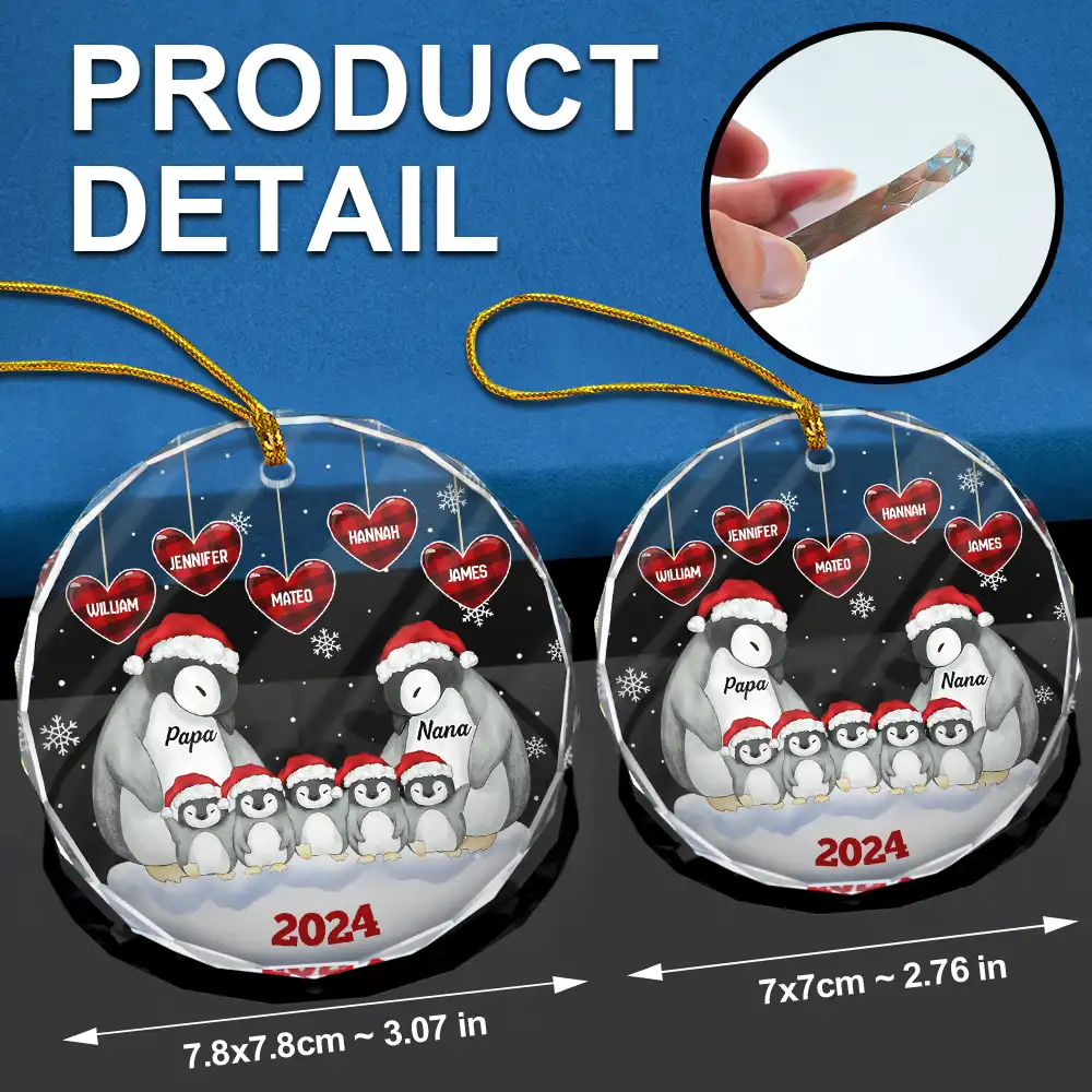 Papa Nana Penguin Christmas Grandparents - Personalized Circle Glass Ornament - Image 6