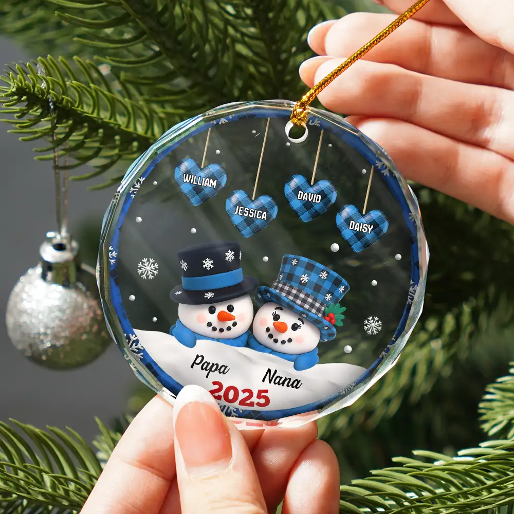 Papa Nana Snowman Christmas Grandparents 3D Effect - Personalized Circle Glass Ornament - Image 2