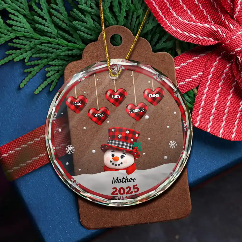 Papa Nana Snowman Christmas Grandparents 3D Effect - Personalized Circle Glass Ornament - Image 5