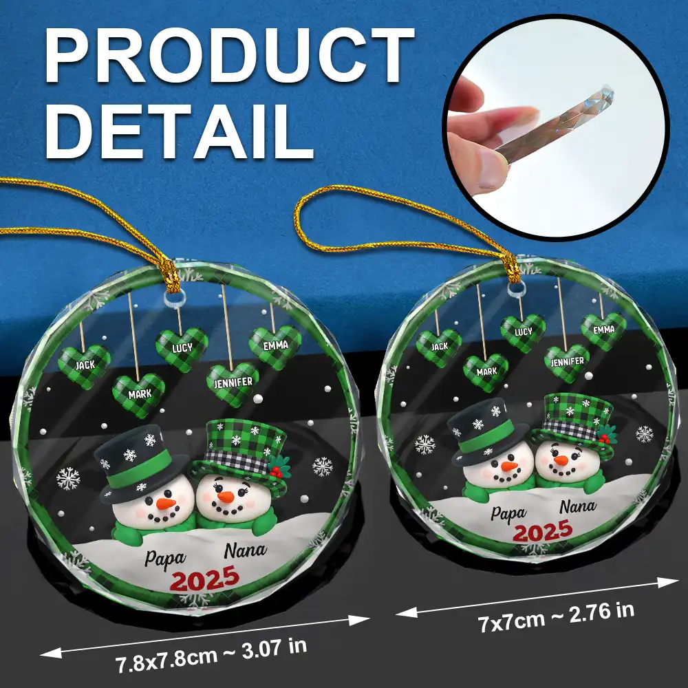Papa Nana Snowman Christmas Grandparents 3D Effect - Personalized Circle Glass Ornament - Image 6