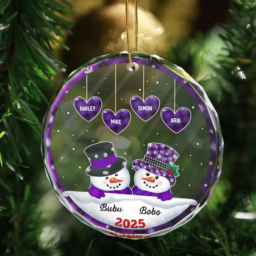 Papa Nana Snowman Christmas Grandparents - Personalized Circle Glass Ornament - Image 3