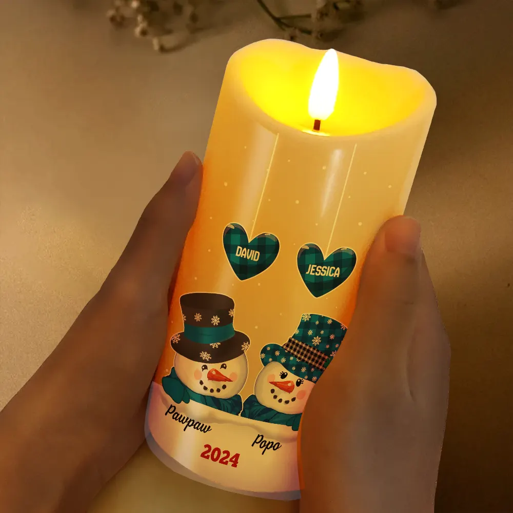 Papa Nana Snowman Christmas Grandparents - Personalized Flameless LED Candle - Image 3