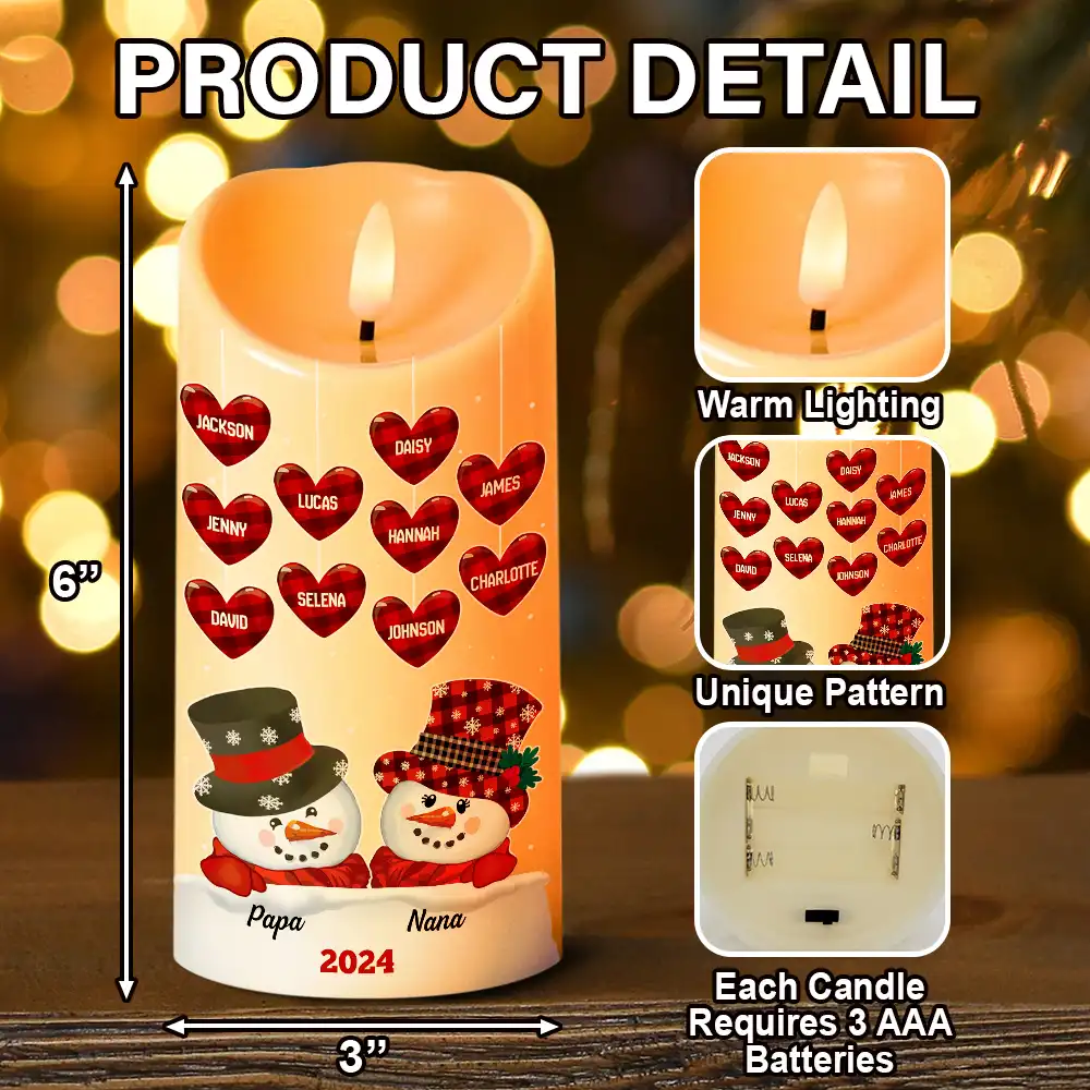Papa Nana Snowman Christmas Grandparents - Personalized Flameless LED Candle - Image 5
