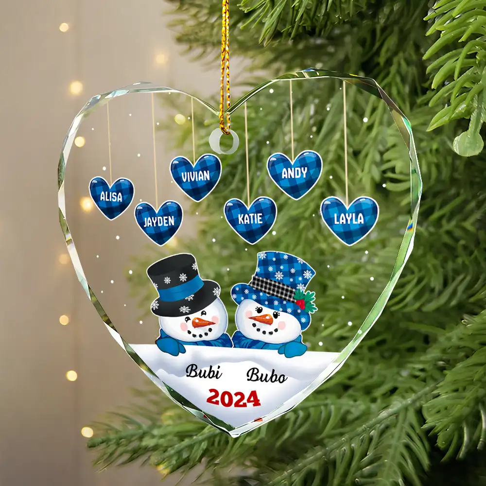 Papa Nana Snowman Christmas Grandparents - Personalized Heart Shaped Glass Ornament - Image 2
