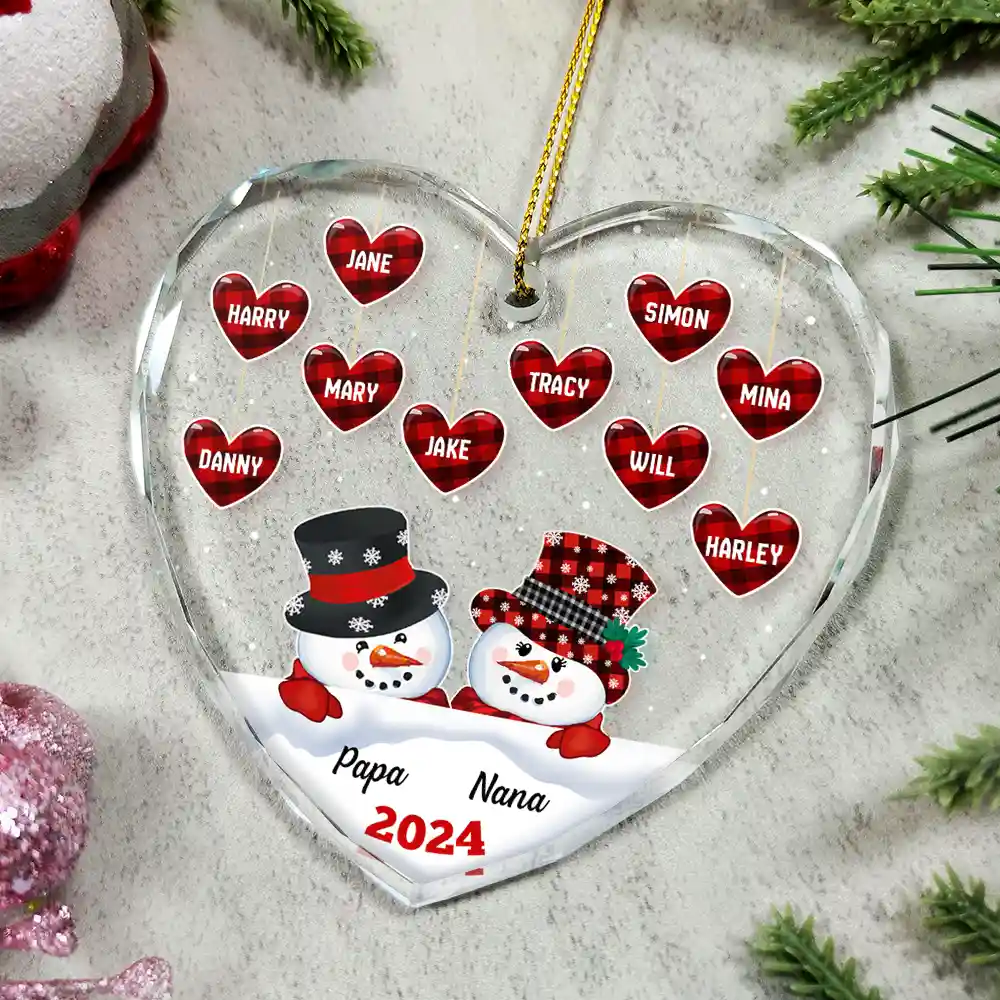 Papa Nana Snowman Christmas Grandparents - Personalized Heart Shaped Glass Ornament - Image 4