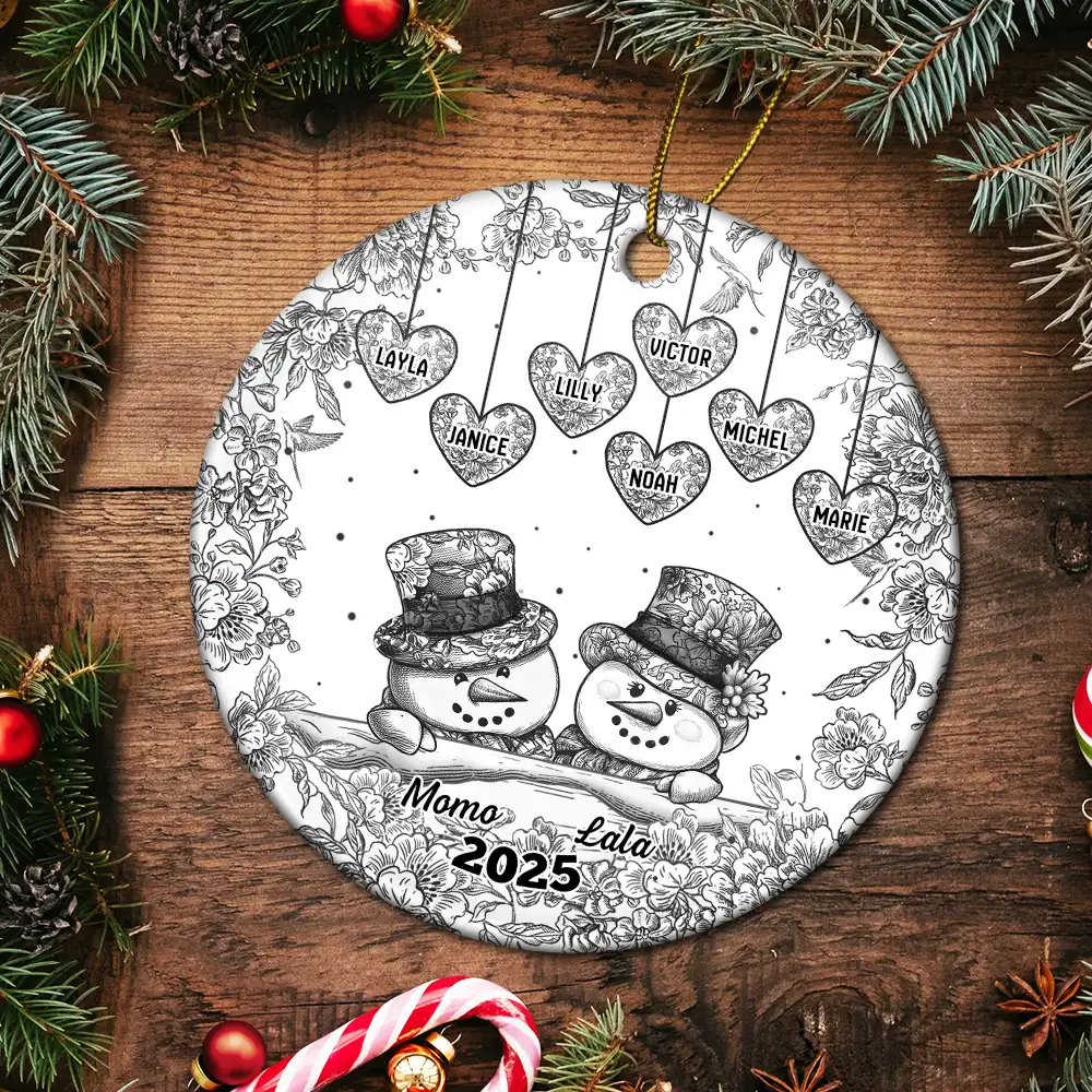 Papa Nana Snowman Christmas Grandparents Toile - Personalized Circle Ceramic Ornament - Image 5