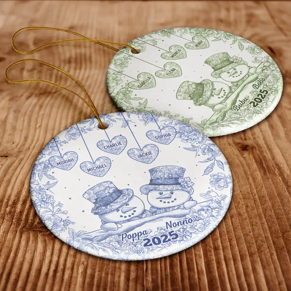 Papa Nana Snowman Christmas Grandparents Toile - Personalized Circle Ceramic Ornament - Image 6