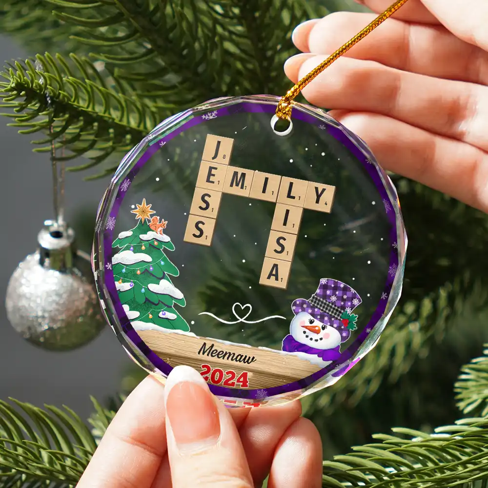 Papa Nana Snowman Crossword Scrabble - Personalized Circle Glass Ornament - Image 3