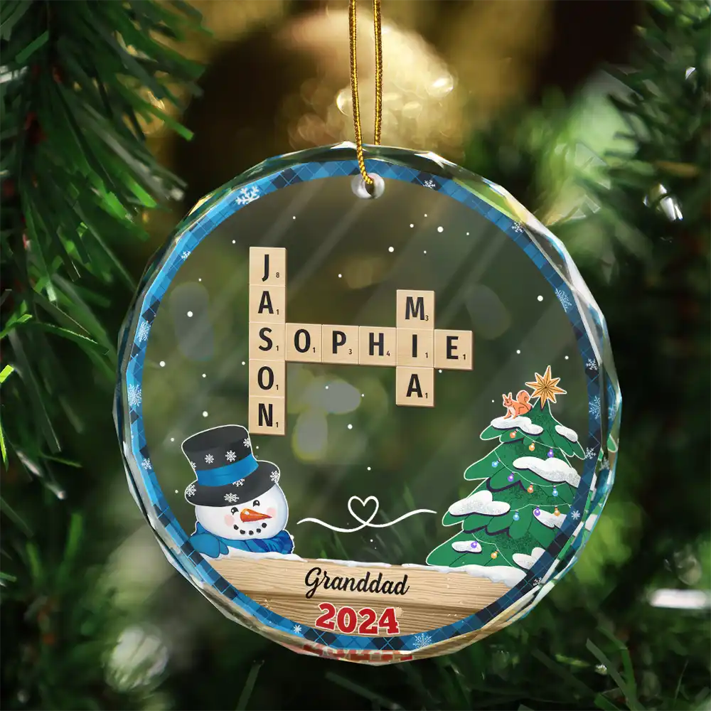Papa Nana Snowman Crossword Scrabble - Personalized Circle Glass Ornament - Image 4