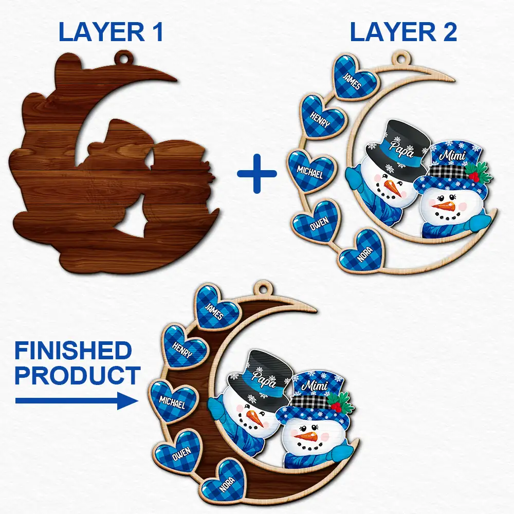 Papa Nana Snowman Family Christmas Grandparents - Personalized 2-Layered Wooden Ornament - Image 6