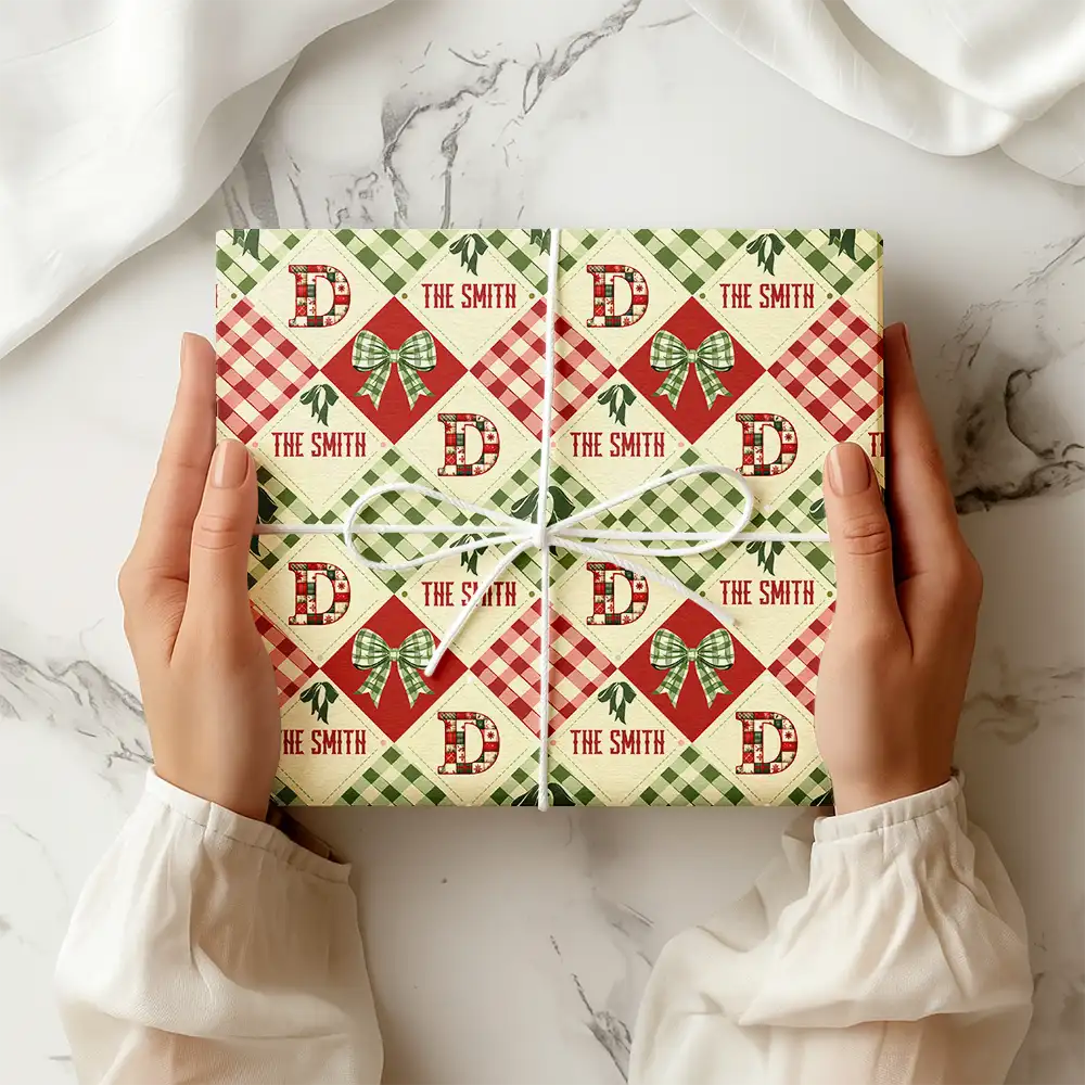 Patchwork Initial Custom Name With Bow And Plaid - Personalized Wrapping Paper - Image 2