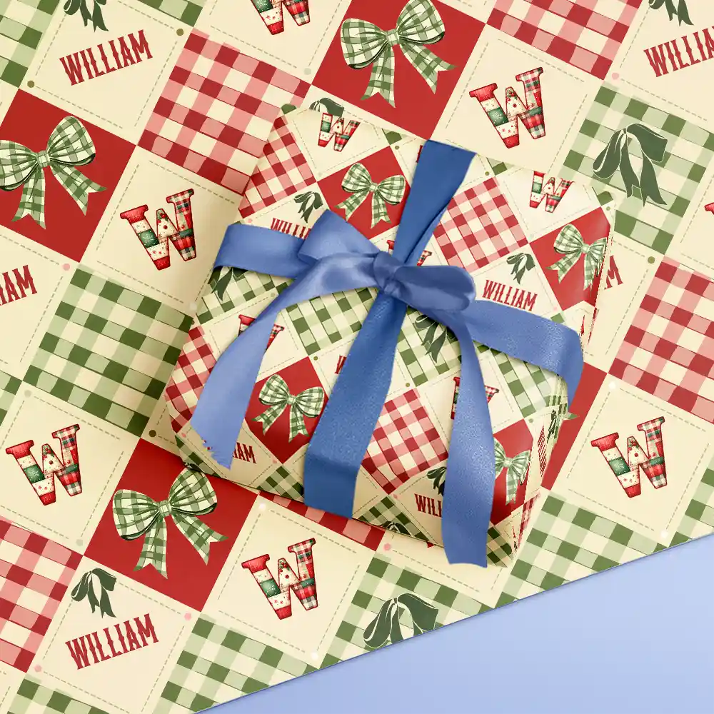 Patchwork Initial Custom Name With Bow And Plaid - Personalized Wrapping Paper - Image 4