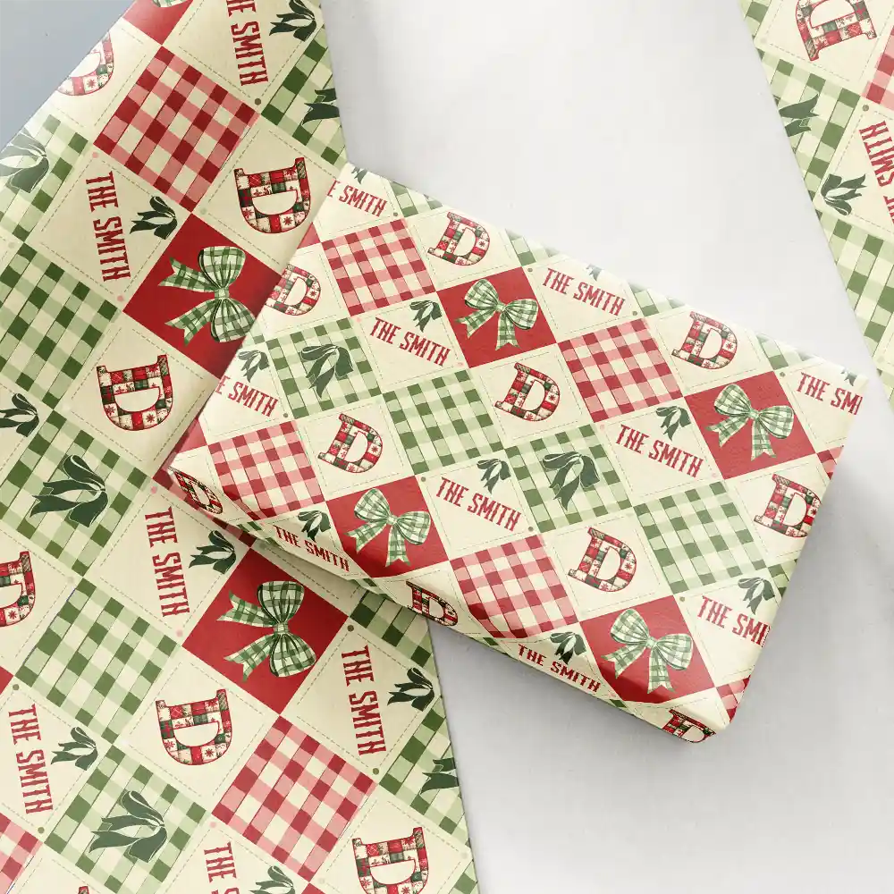 Patchwork Initial Custom Name With Bow And Plaid - Personalized Wrapping Paper - Image 6