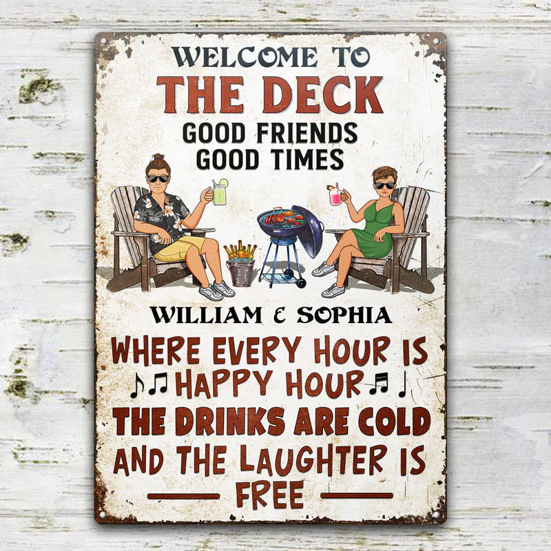 Patio Grilling Where Every Hour Is Happy Hour Couple Husband Wife - Backyard Sign - Personalized Custom Classic Metal Signs - Image 2