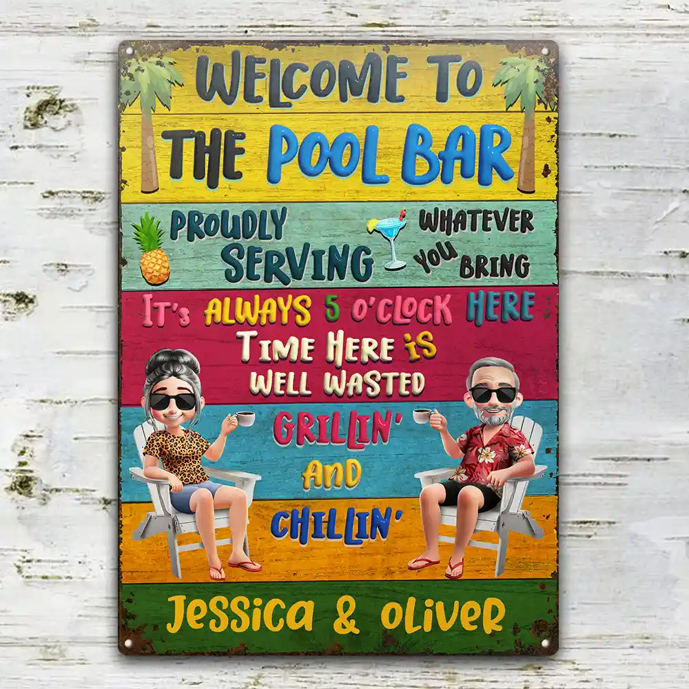 Patio Welcome Grilling Proudly Serving Whatever You Bring Cartoon Couple - Personalized Classic Metal Signs - Image 2