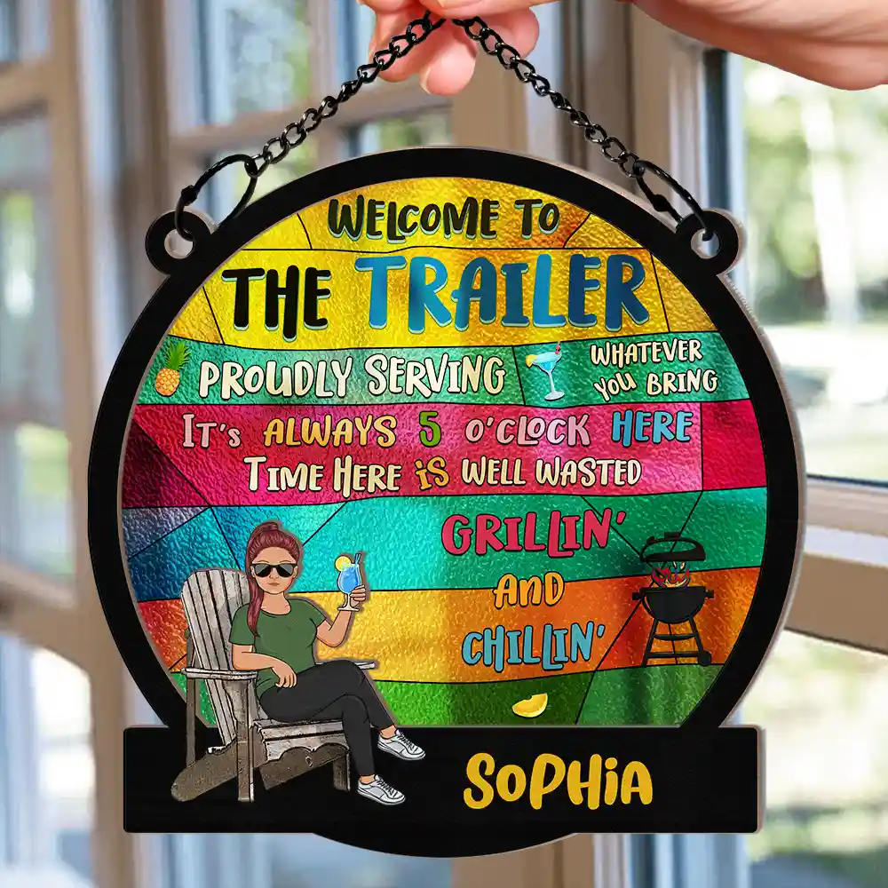 Patio Welcome Grilling Proudly Serving Whatever You Bring - Personalized Window Hanging Suncatcher Ornament - Image 2