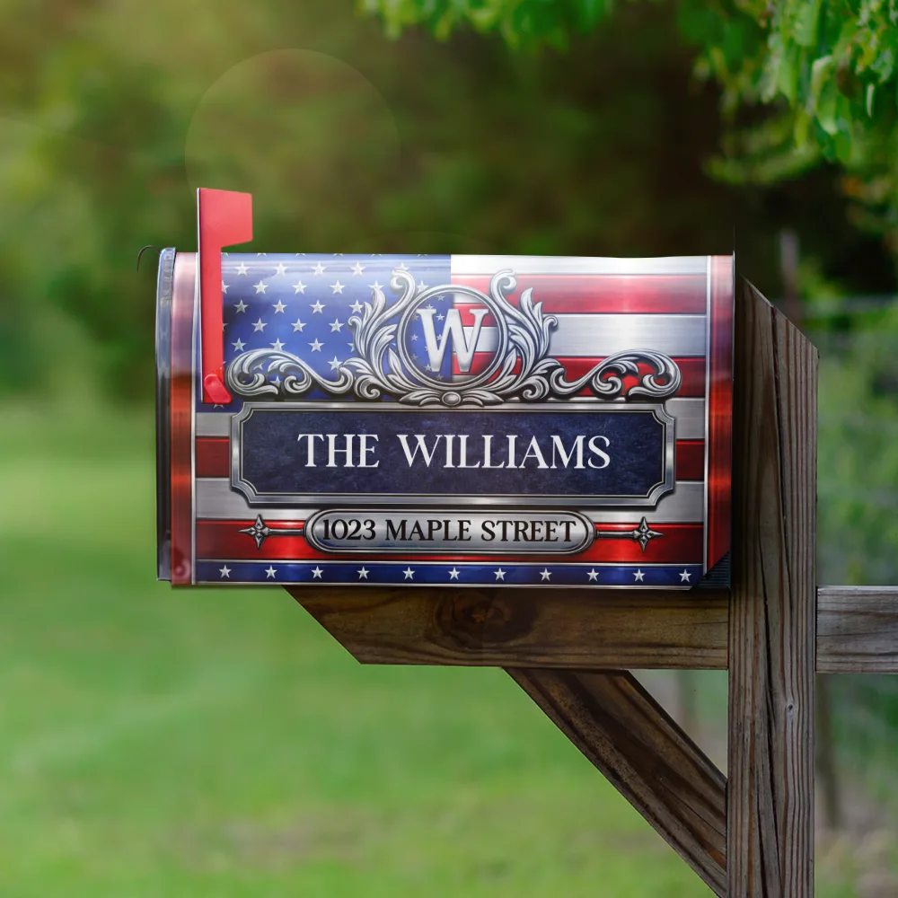 Patriotic Faux Metal Family Monogram - Personalized Mailbox Cover - Image 2