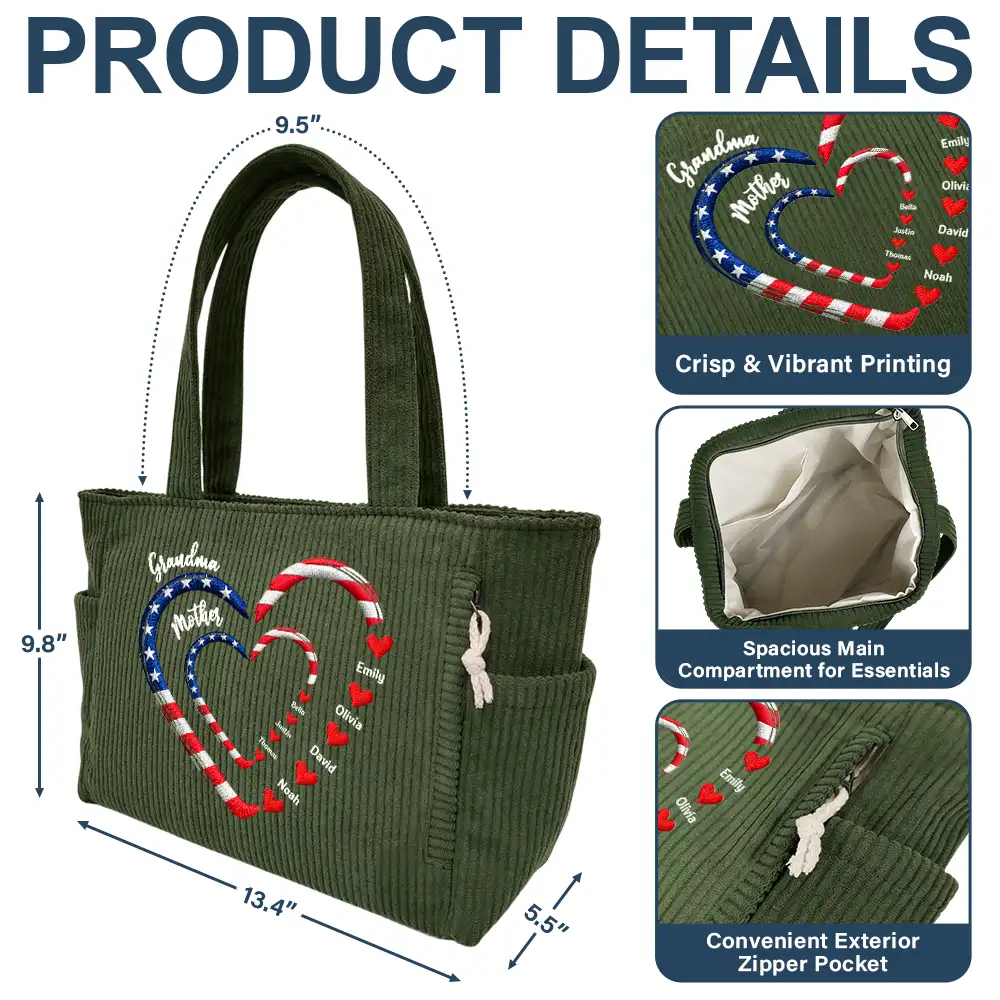 Patriotic Mom And Grandma Sweethearts Embroidery Effect Prints - Personalized Corduroy Tote Bag - Image 5