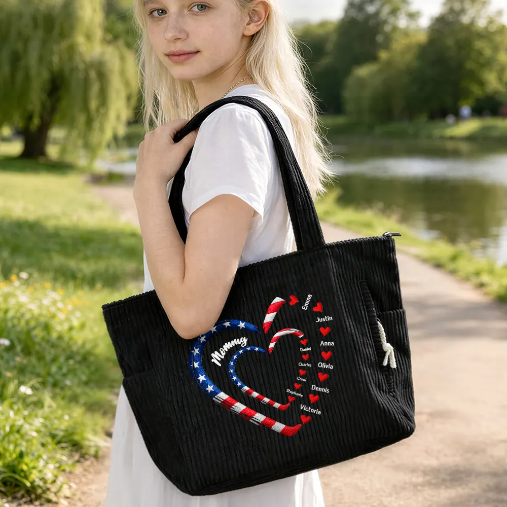 Patriotic Mom And Grandma Sweethearts Embroidery Effect Prints - Personalized Corduroy Tote Bag - Image 6