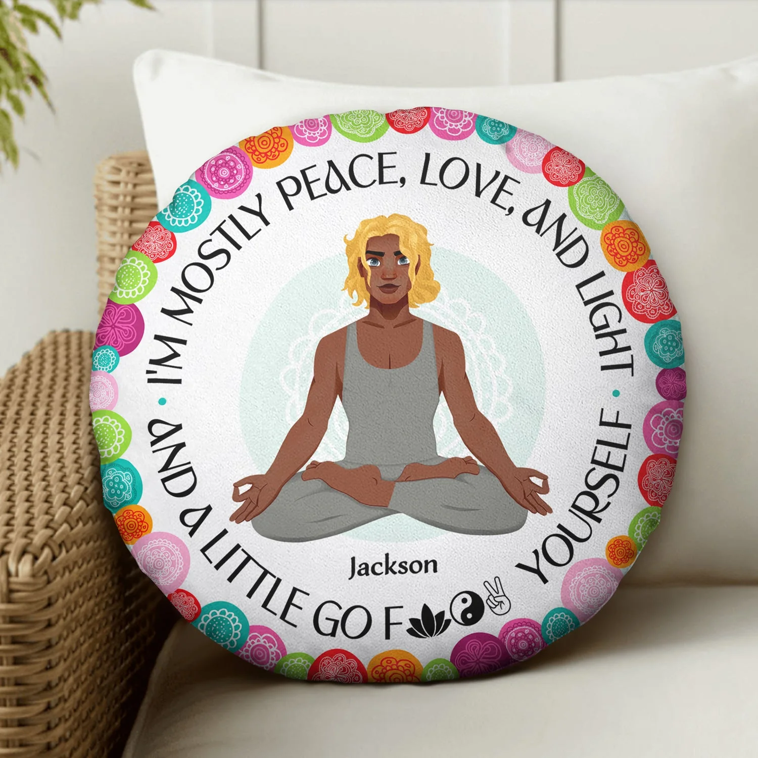 Peace, Love And Light - Gift For Yoga Lovers - Personalized Round Pillow - Image 3