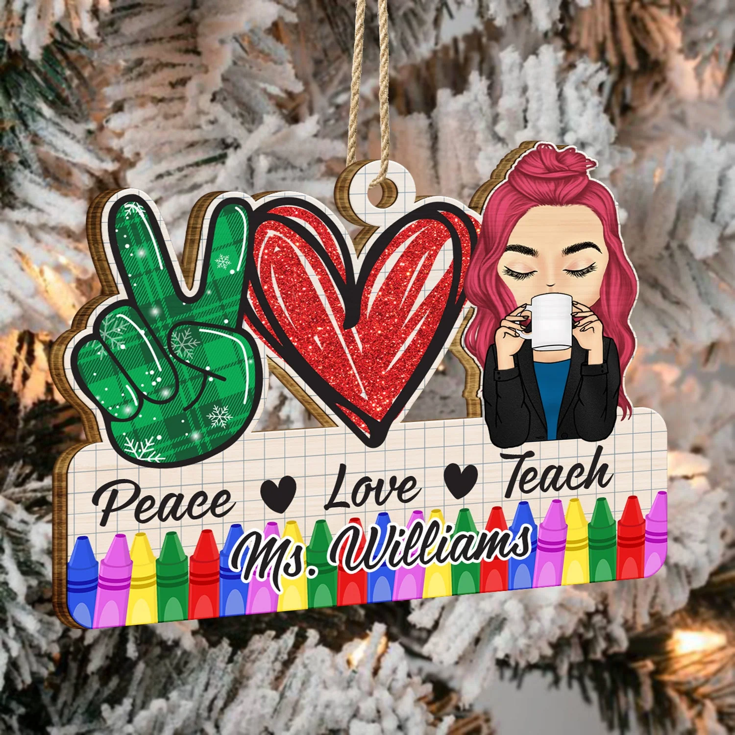 Peace Love Teach - Christmas Gift For Teacher - Personalized Wooden Cutout Ornament - Image 4