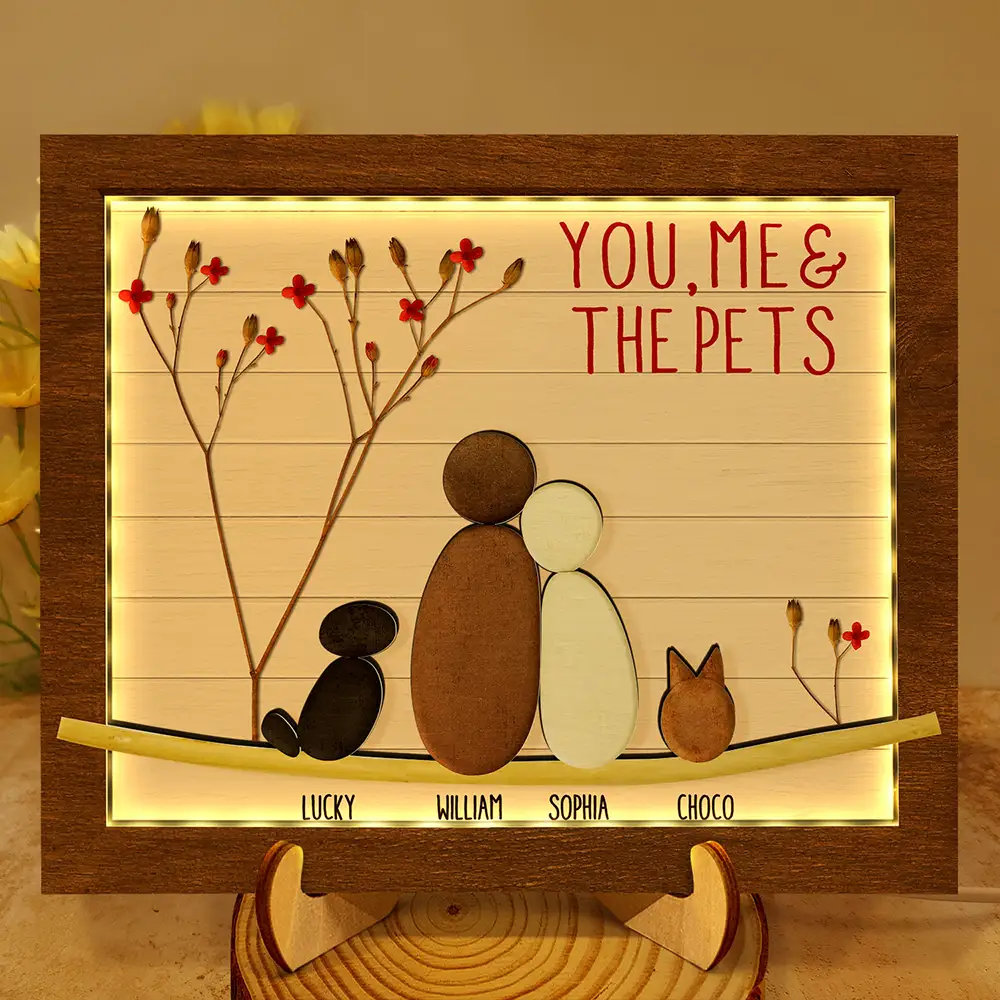 Pebble Couple You Me And The Dog Cat - Personalized LED Light Wooden Plaque